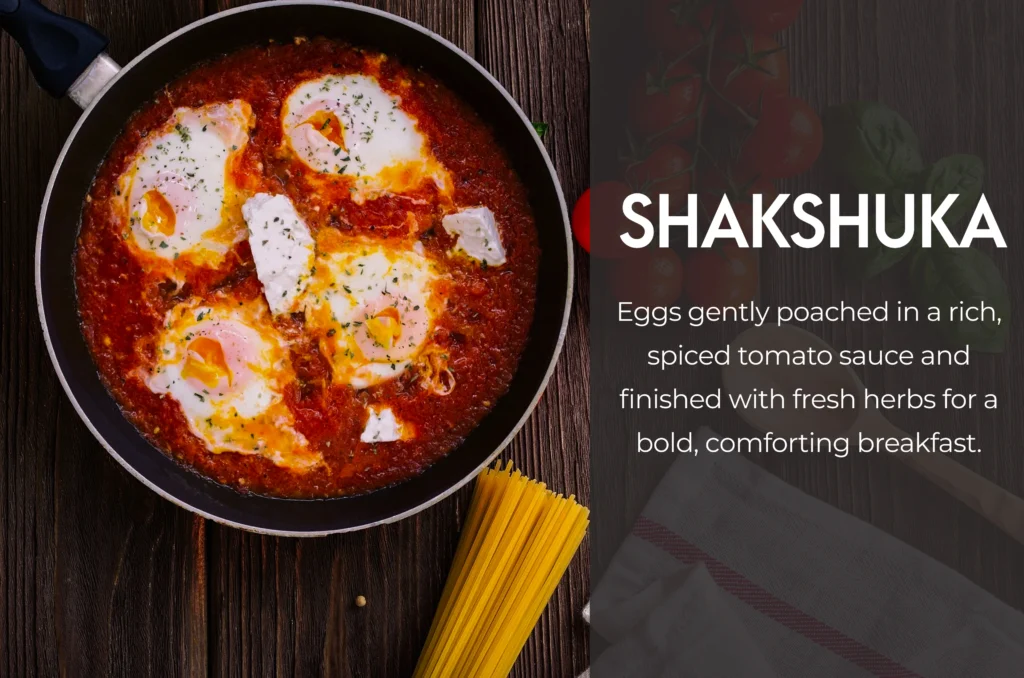 Homemade Shakshuka in a cast iron skillet with poached eggs in a spicy tomato and red pepper sauce, topped with feta and parsley.