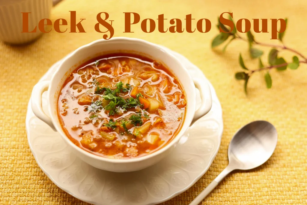 Creamy Leek and Potato soup in a white bowl, garnished with sautéed leeks, fresh chives, and a swirl of double cream.