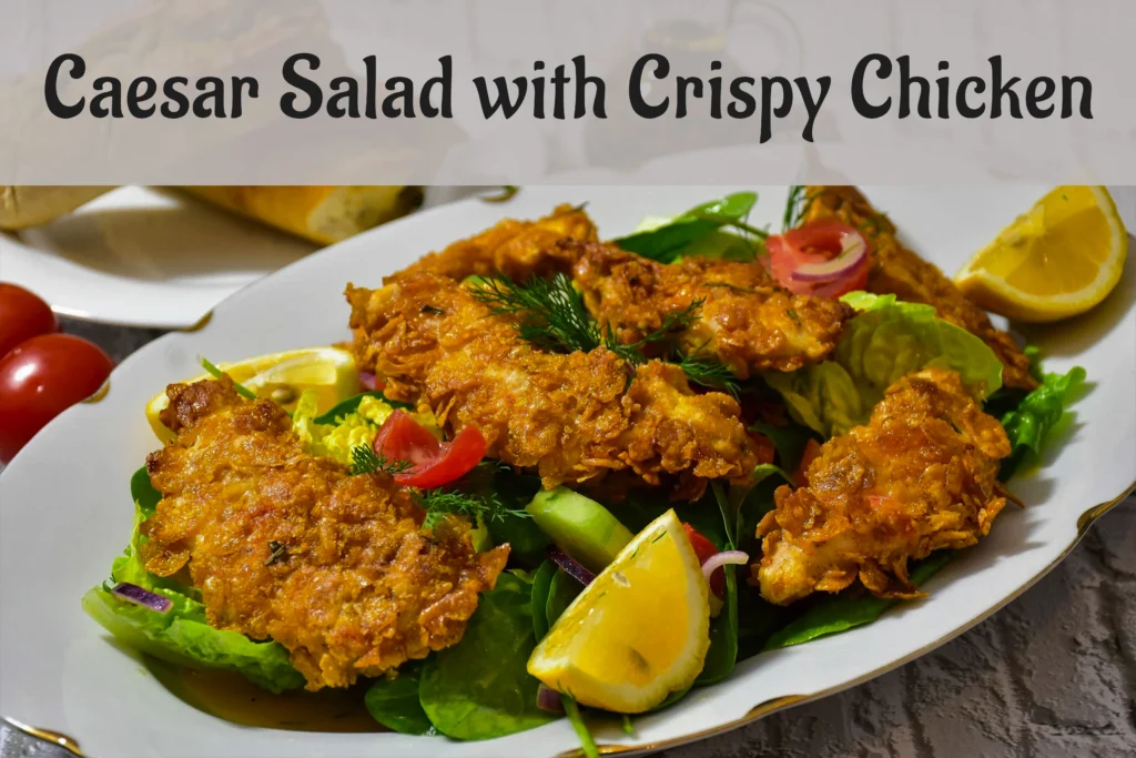 Crispy breaded chicken Caesar salad with shaved parmesan, large sourdough croutons, and creamy garlic dressing.