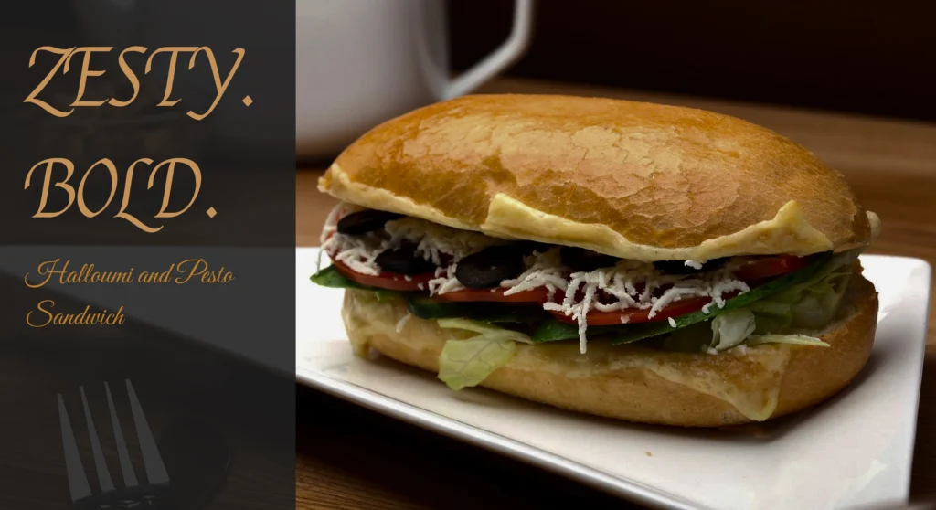 Group 333eee1 Toasted halloumi and pesto sandwich on golden sourdough with sun-dried tomatoes and fresh baby spinach.