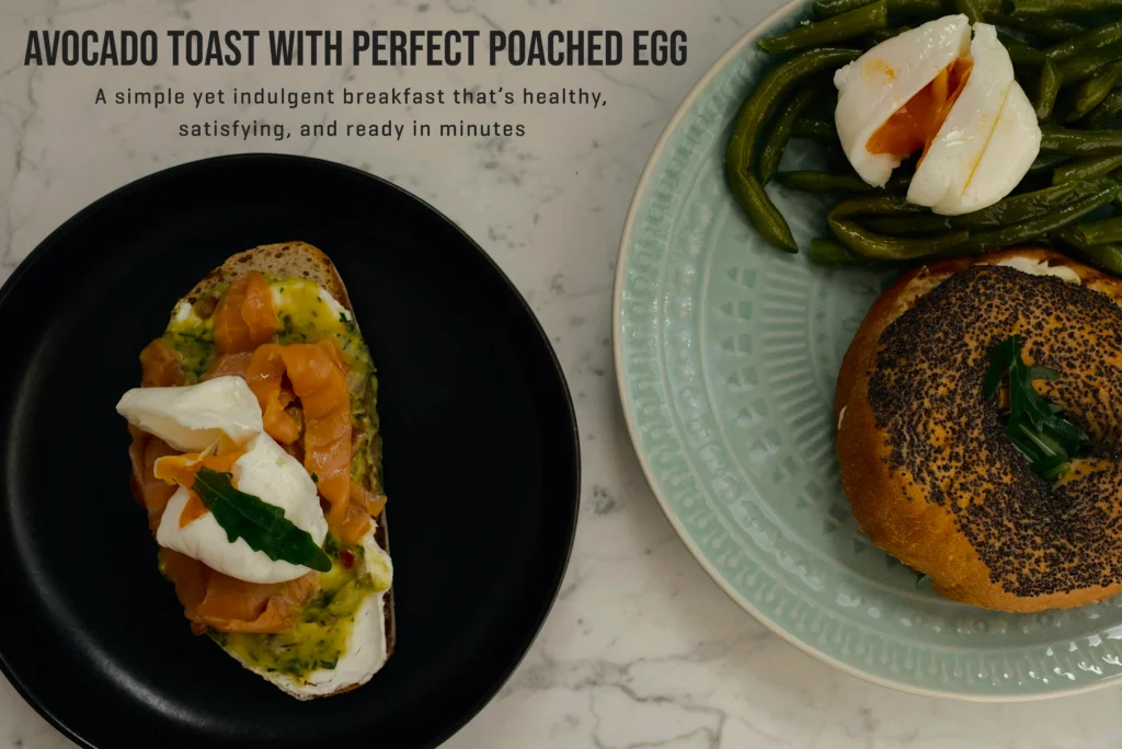 Gourmet avocado toast on thick-cut sourdough with a perfectly poached egg, chili flakes, and a sprinkle of sea salt.