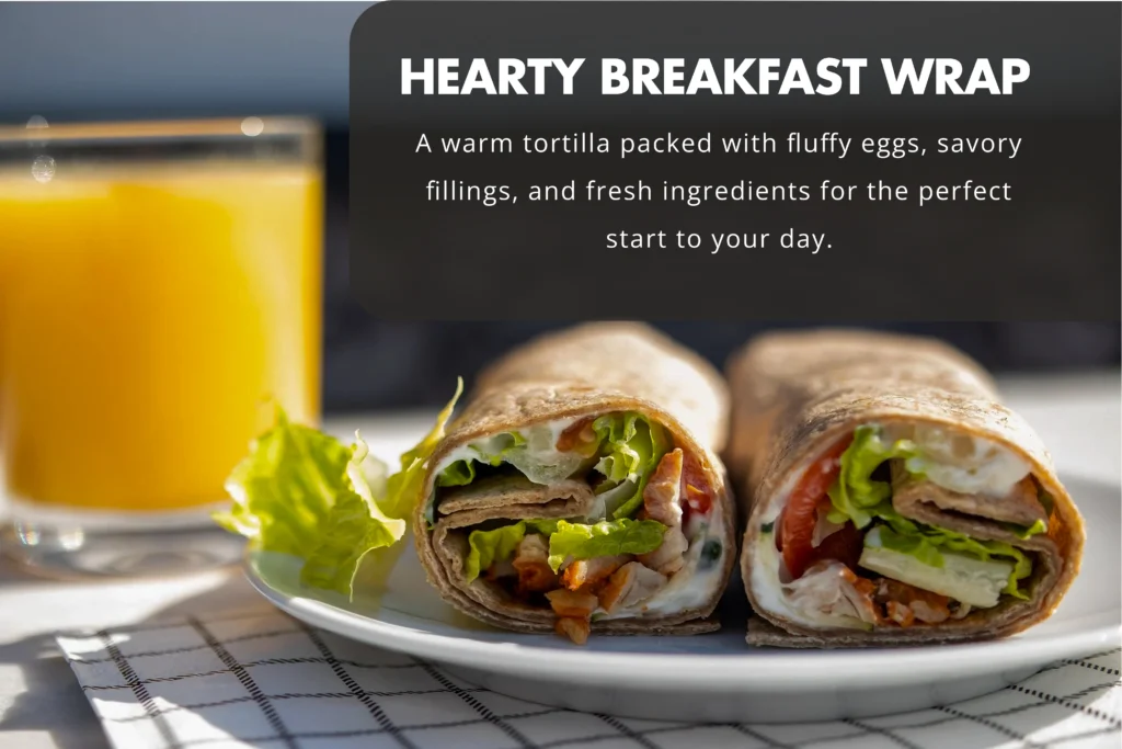 Toasted breakfast wrap sliced in half to show soft scrambled eggs, melted cheddar, and crispy bacon with a golden tortilla crust.