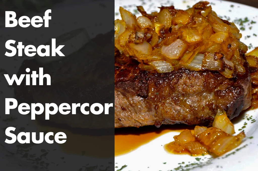 Perfectly seared medium-rare beef steak sliced on a plate, drizzled with a creamy cognac peppercorn sauce.