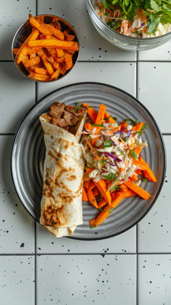 Sliced chicken shawarma plate with pita bread, hummus, and salad.