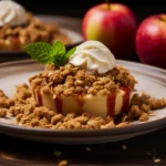 A spoonful of warm apple crumble showing tender cooked Granny Smith apples and a buttery streusel topping.