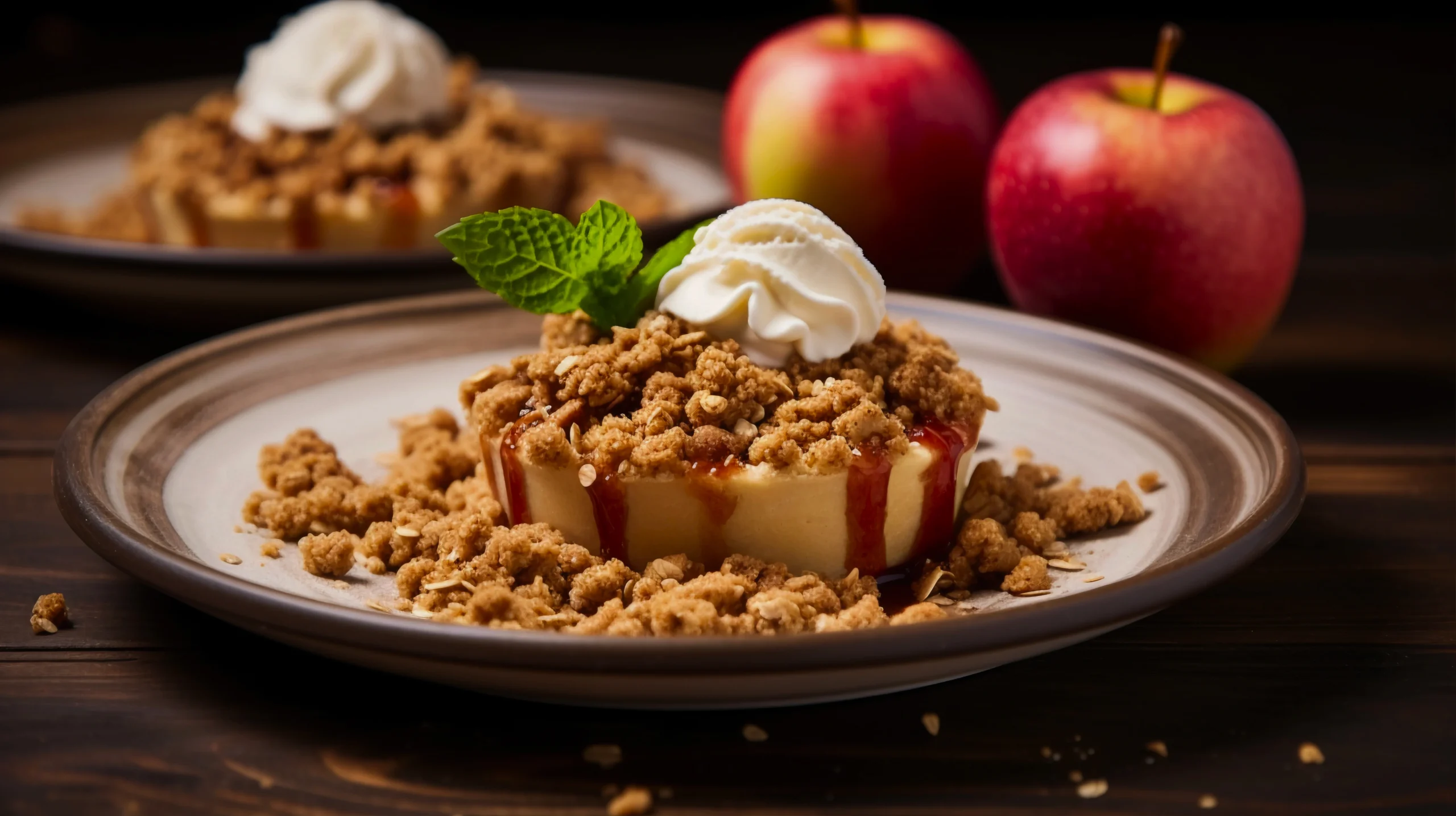 A spoonful of warm apple crumble showing tender cooked Granny Smith apples and a buttery streusel topping.