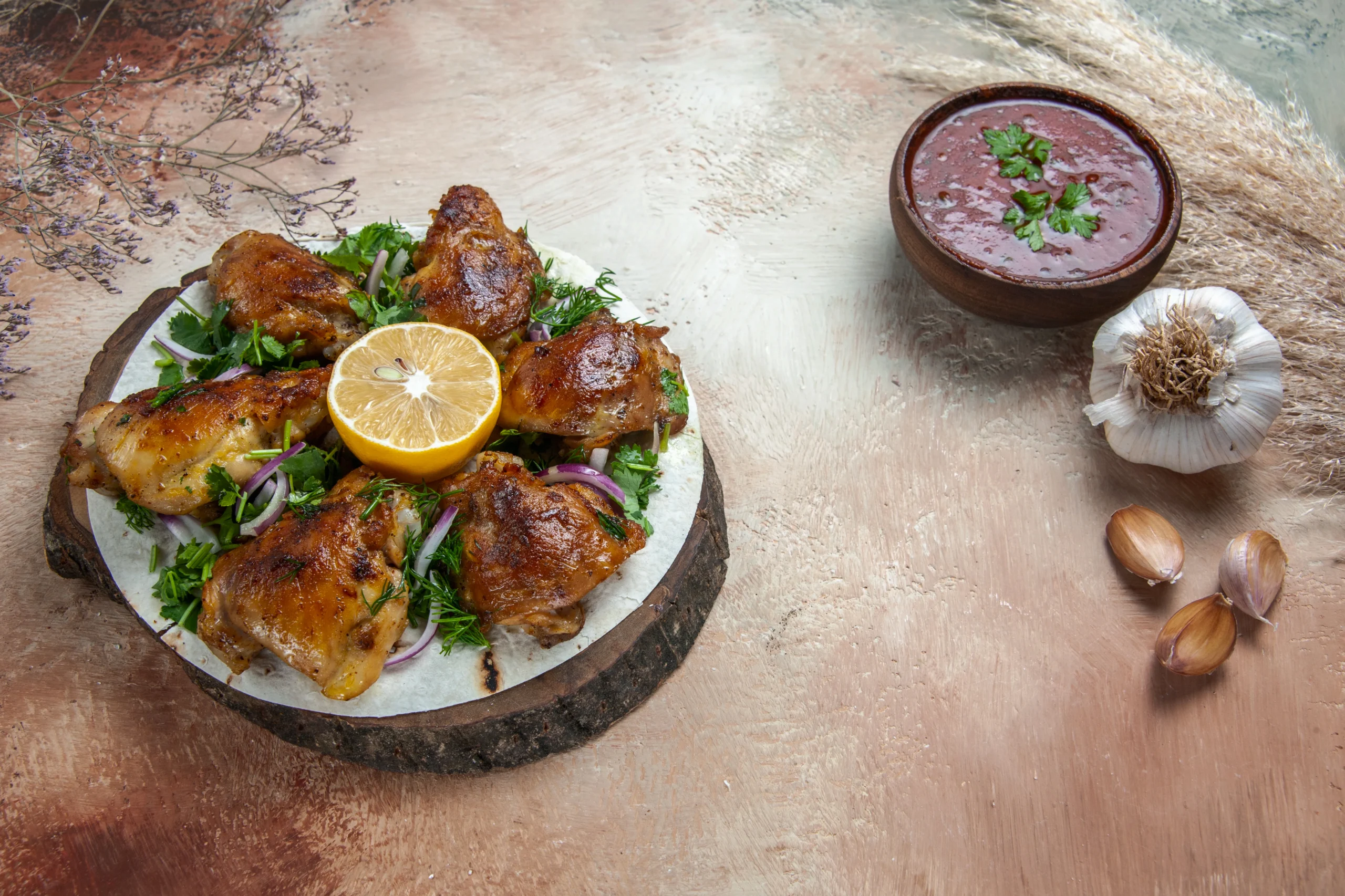 Spicy Peri-Peri Chicken thighs grilled to perfection with charred skin and a vibrant red chili bird's eye pepper sauce garnish.