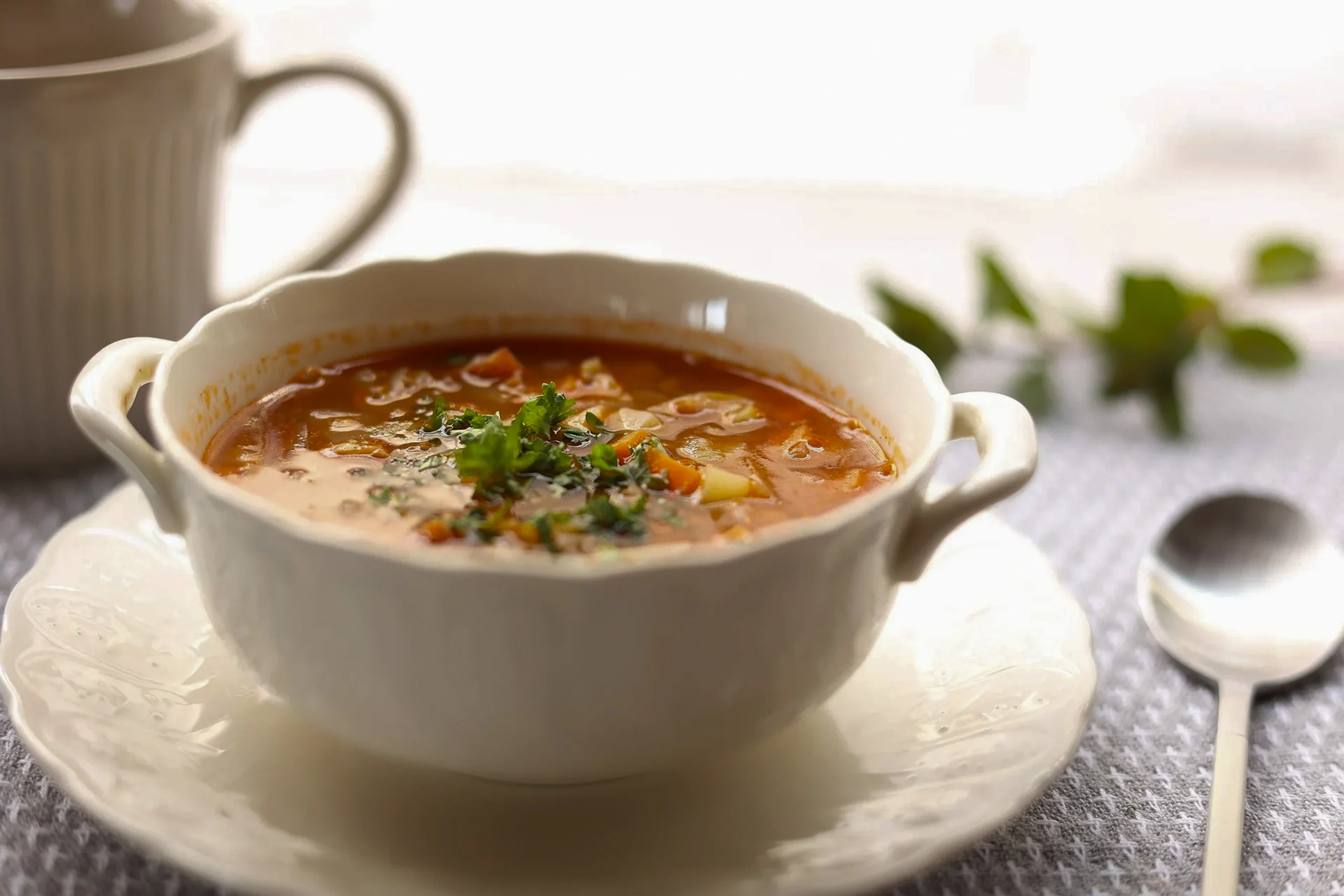 Close-up of a spoonful of chunky vegetable minestrone with a sprinkle of parmesan cheese and crusty bread.