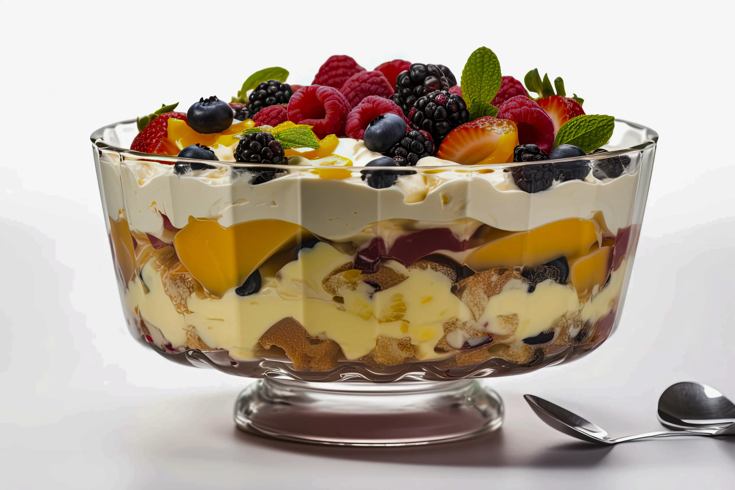 Side view of a colorful English trifle showing distinct layers of berries, cream, and custard for a festive dessert.
