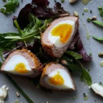 A soft-boiled Scotch egg sliced in half showing a jammy golden yolk, crispy sausage meat coating, and panko breadcrumbs.
