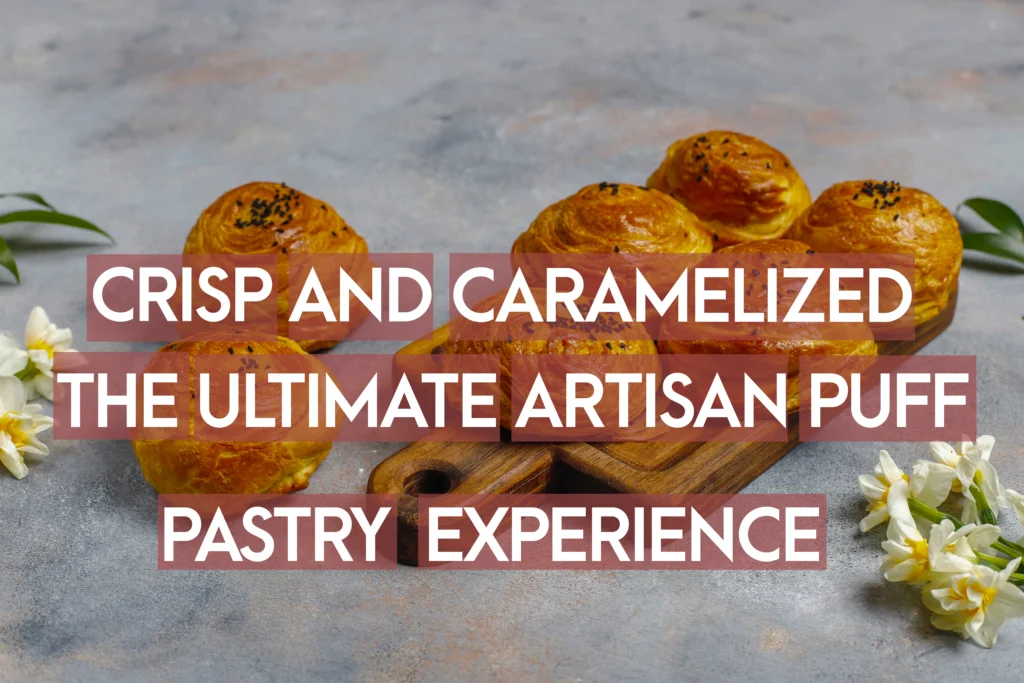 Grohhhhup 1 Golden-brown homemade puff pastry with hundreds of visible flaky layers and a shattered crisp texture, resting on a floured marble surface