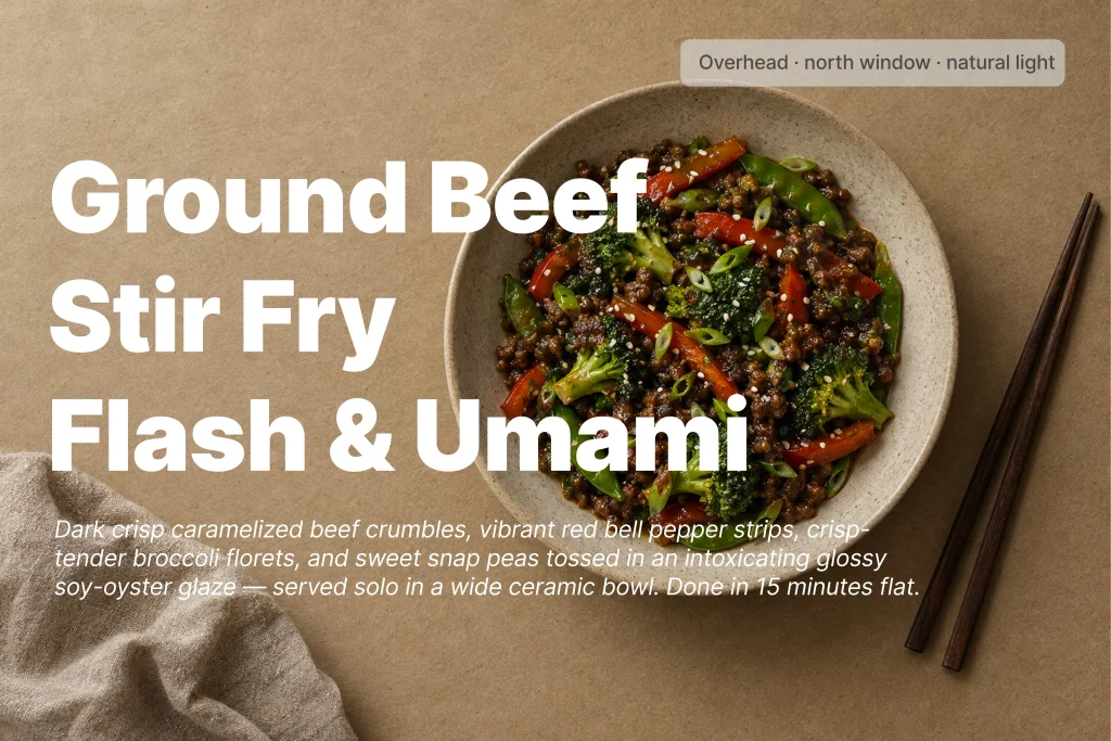 Group Ground Beef Stir Fry Ground beef stir fry with red pepper and broccoli in a glossy sauce over