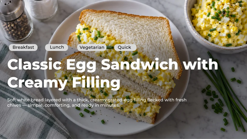 Group 5 hero image of egg sandwiich Classic egg sandwich cut in half showing creamy egg filling with chives