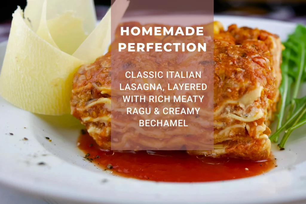 A tall slice of beef lasagna with melted mozzarella, golden bubbly cheese crust, and layers of rich bolognese sauce.