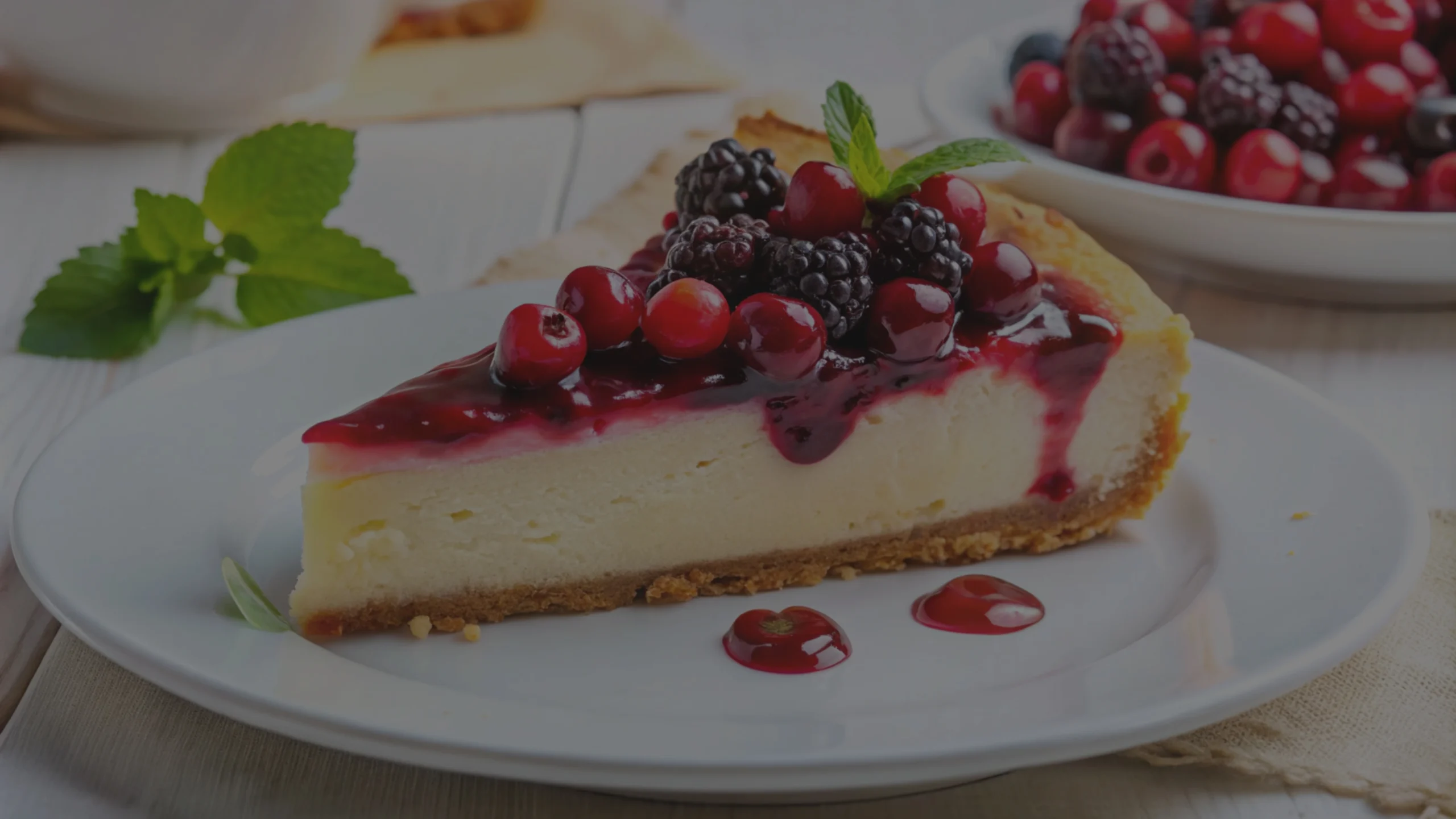 Elegant vanilla bean cheesecake dessert with berry coulis topping