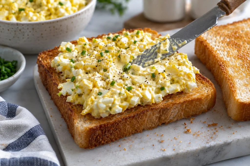 assembling-egg-sandwich 7 Spreading creamy egg filling on toasted bread