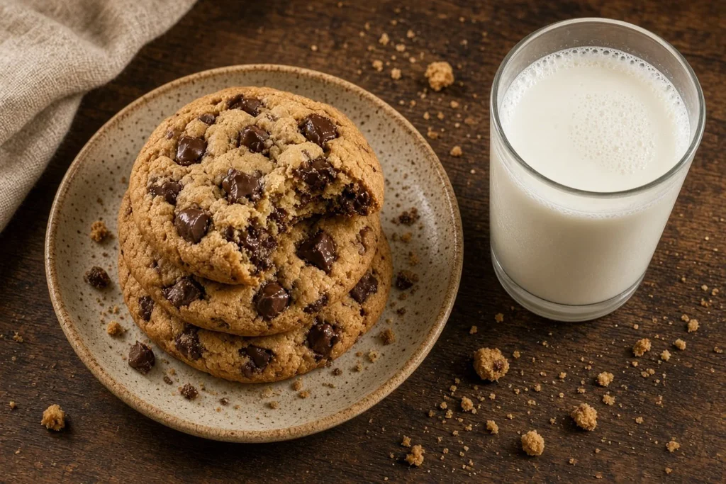 baked-brown-butter-cookies-on-tray Brown butter cookies served with a glass of milk