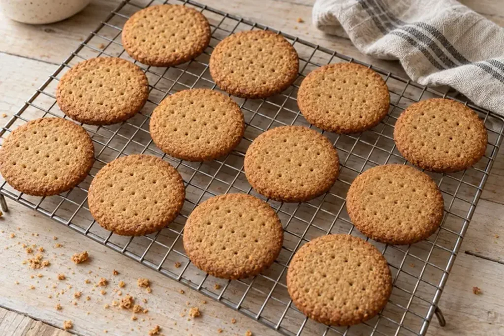 Baked wholewheat digestive biscuits cooling on a wire rack
