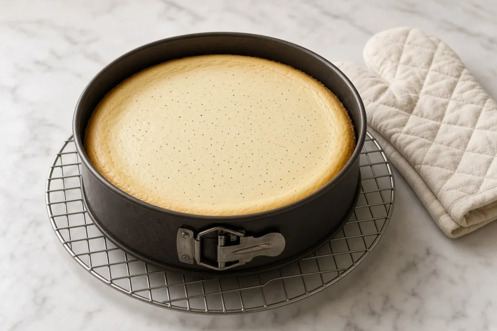 Freshly baked vanilla cheesecake with a slightly wobbly centre