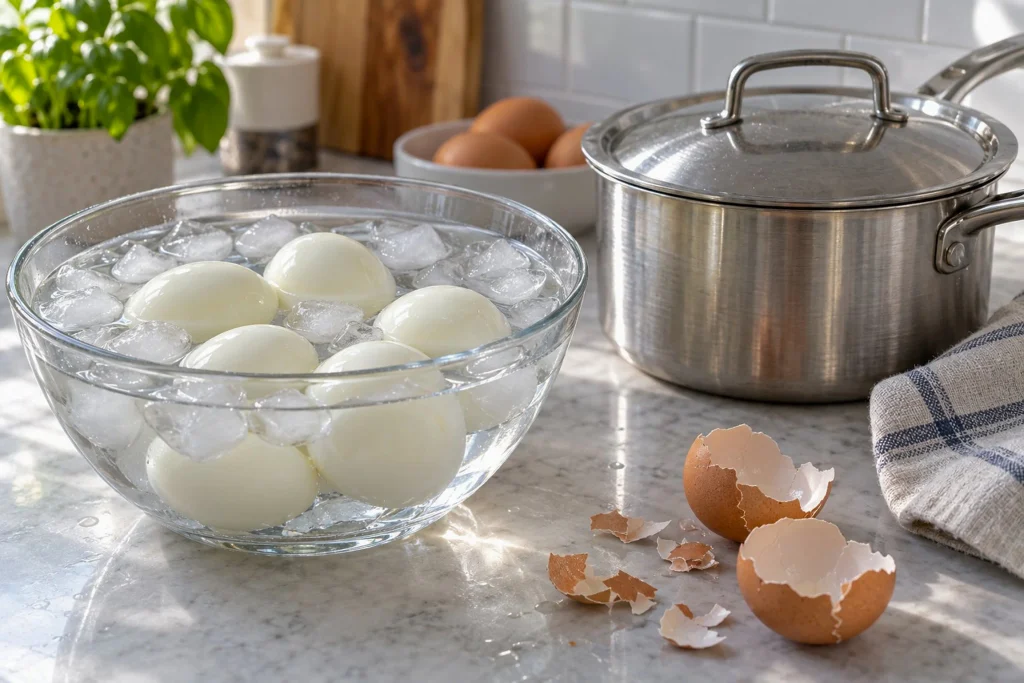 boiled-eggs-ice-bath 3 Boiled eggs cooling in an ice bath before peeling