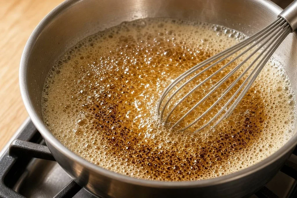 browning-butter-in-saucepan Butter browning in a saucepan with golden-brown specks