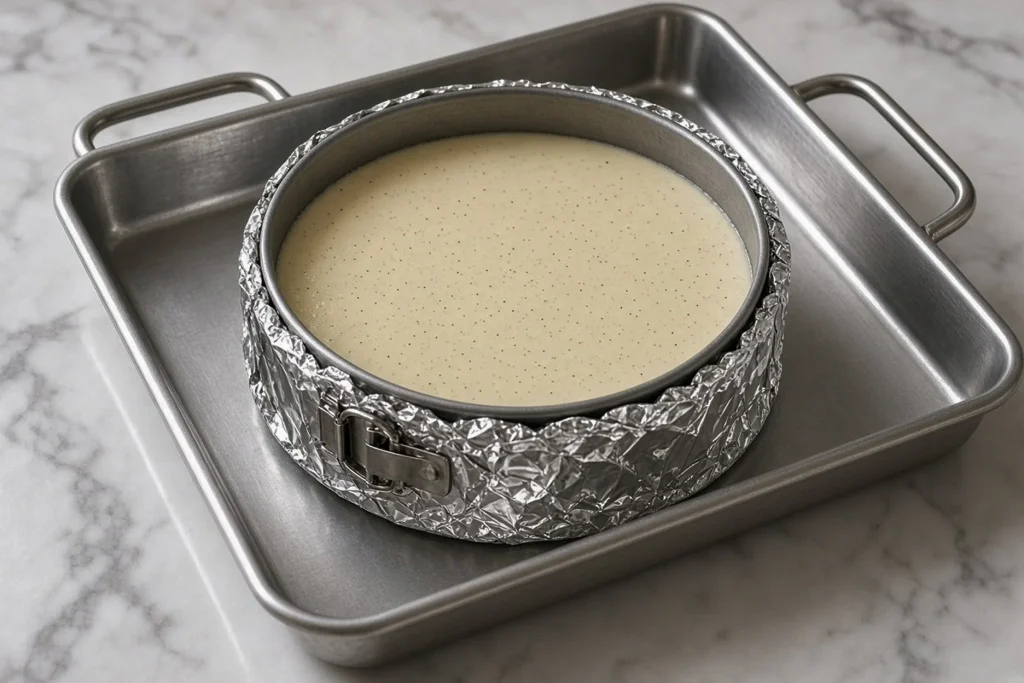 Cheesecake tin wrapped in foil in a roasting pan for a water bath