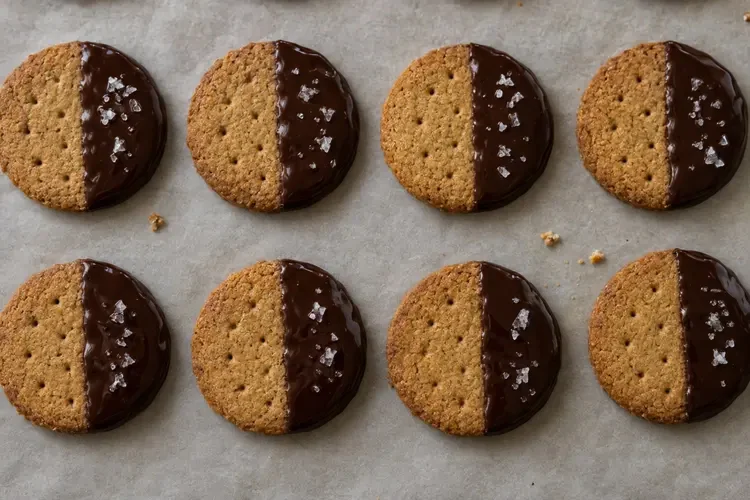 Chocolate-dipped biscuits with flaky sea salt setting on parchment