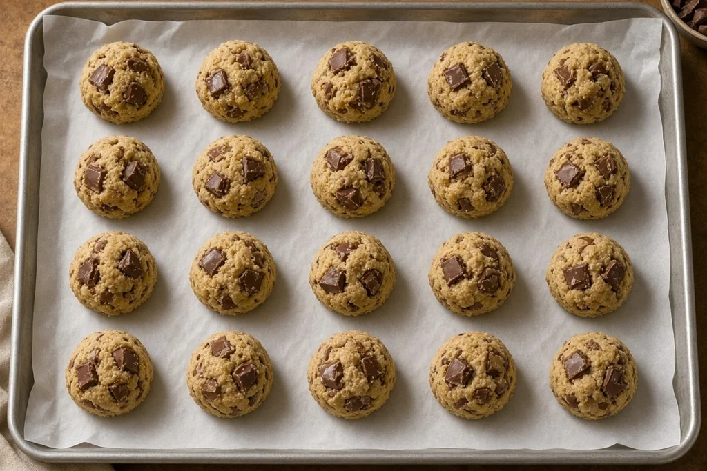 cookie-dough-balls-on-tray Scooped cookie dough balls on a lined baking tray