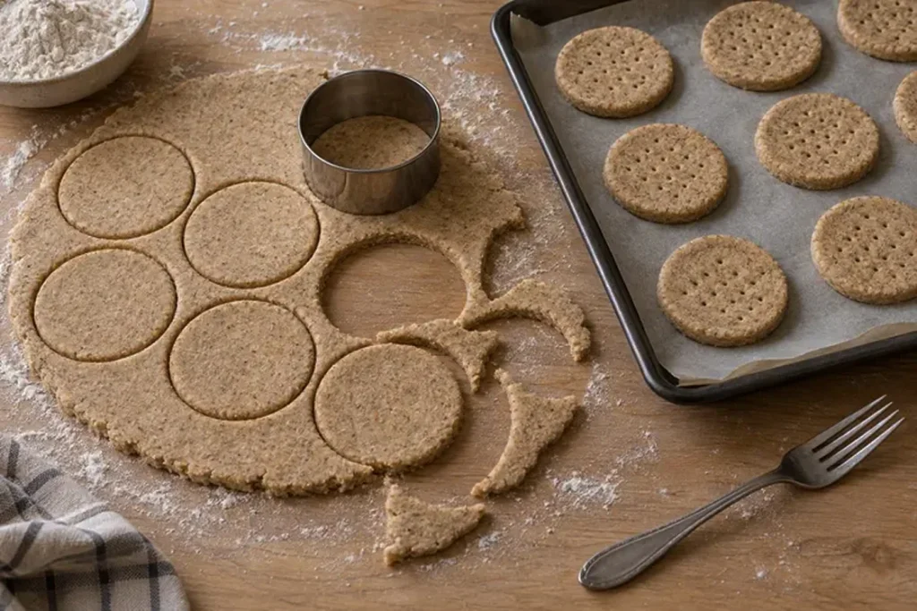 Cutting rounds of dough and pricking them with a fork before baking