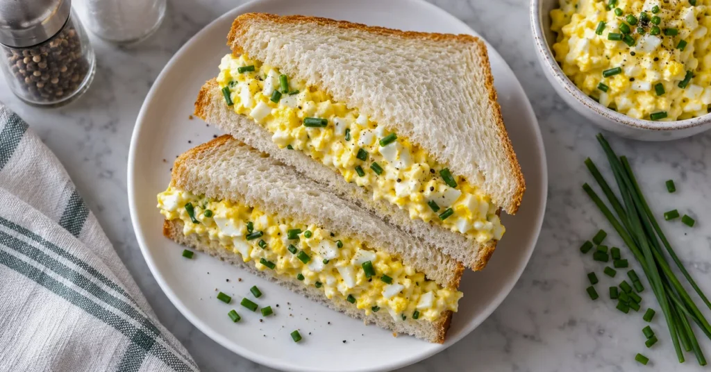 Classic egg sandwich cut in half showing creamy egg filling with chives