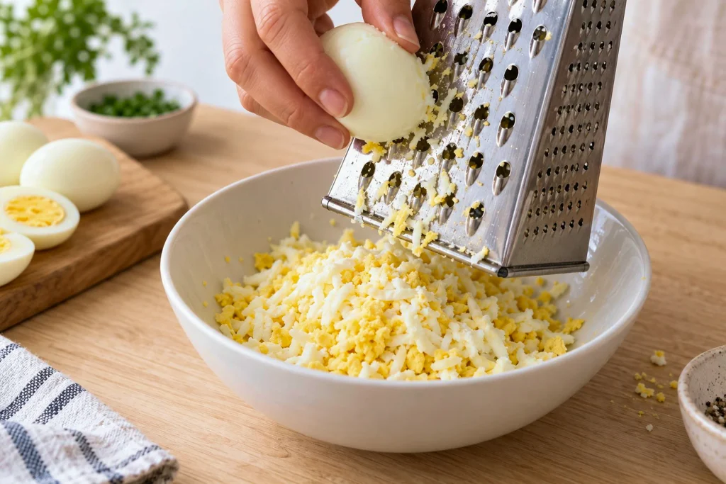 grating-eggs-for-egg-sandwich 4 Grating boiled eggs with a box grater for egg salad
