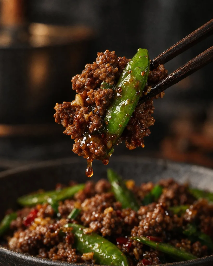 ground-beef-stir-fry-close-up 7 Close-up of crisp ground beef and snap peas in glossy stir fry sauce File name: ground-beef-stir-fry-close-up.jpg