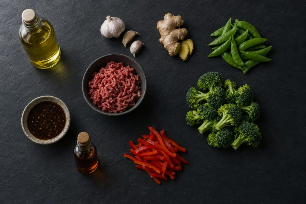 ground-beef-stir-fry-ingredients Ingredients for ground beef stir fry: beef, garlic, ginger, vegetables, and sauce