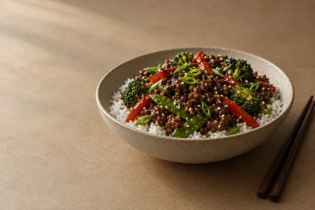 ground-beef-stir-fry-over-rice 6 Bowl of ground beef stir fry served over steamed rice