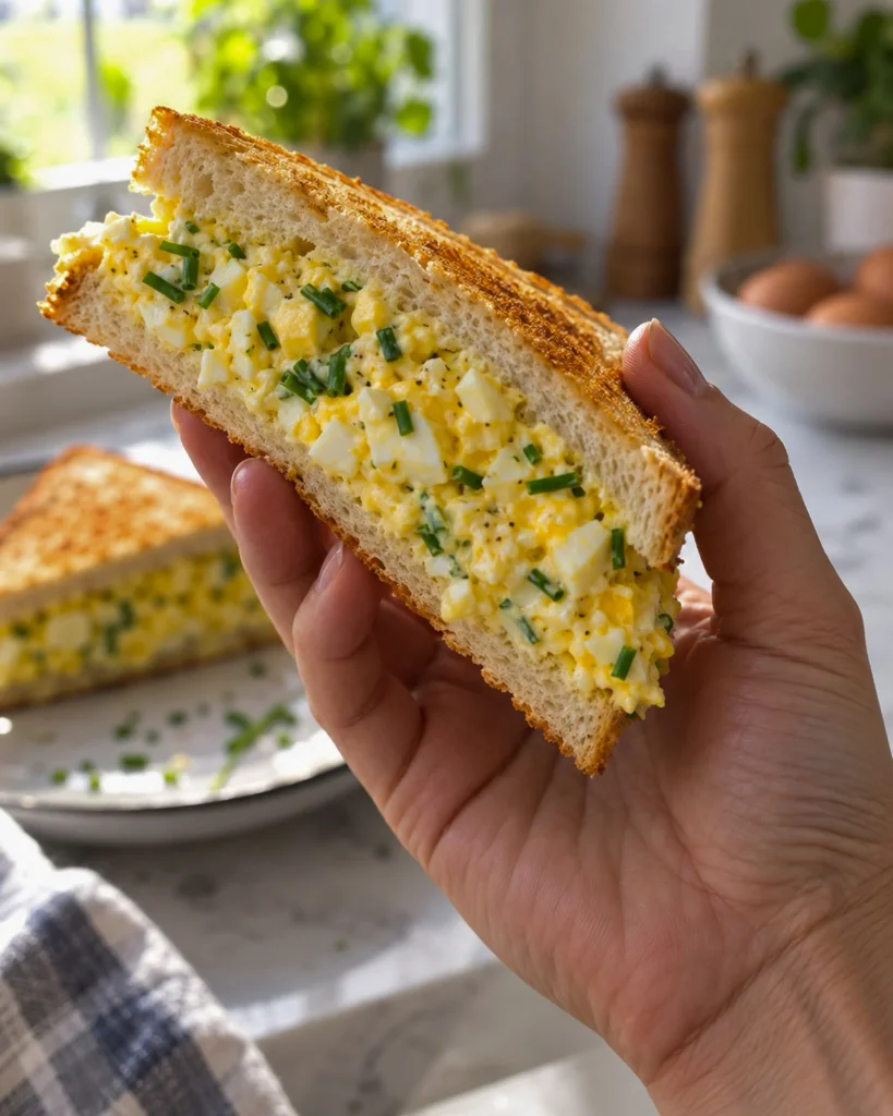 image 14 Close-up of an egg sandwich with a thick, creamy filling