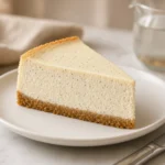 Slice of creamy cheesecake with a spoonful of red raspberry sauce on a plate