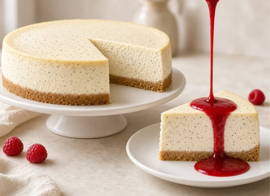 Vanilla bean cheesecake with raspberry coulis poured over a slice