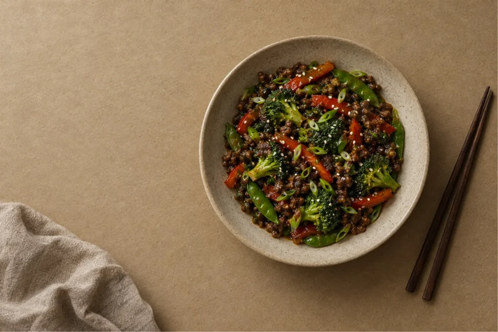Ground beef stir fry with red pepper and broccoli in a glossy sauce