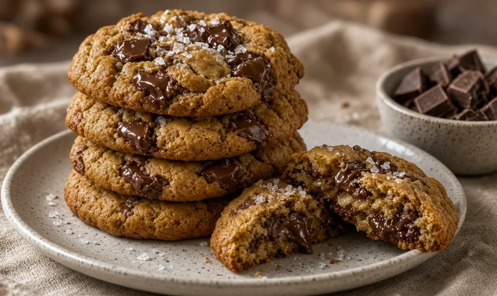 Stack of chocolate chip cookies with brown butter, melted chocolate chunks, and flaky sea salt