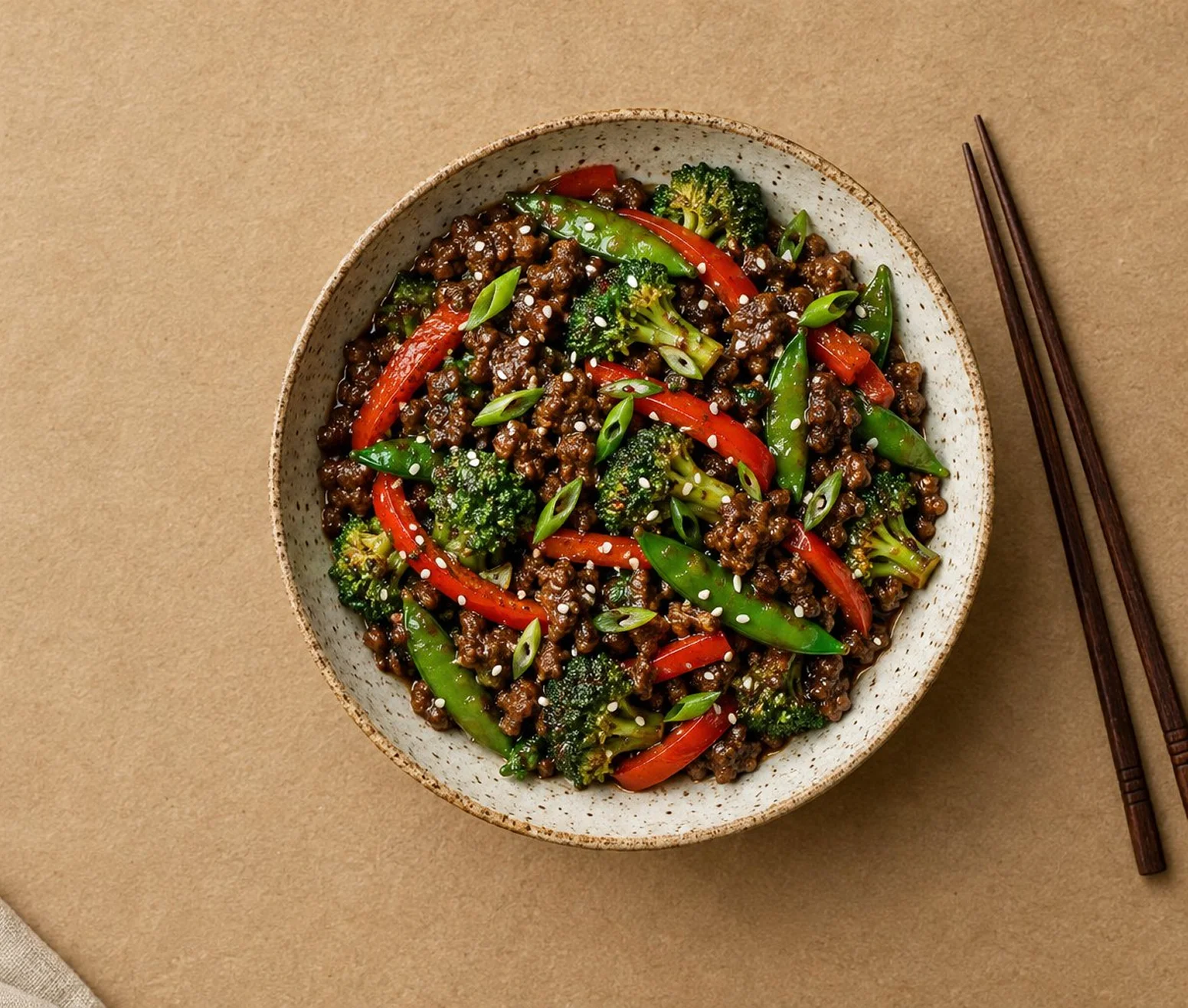 Plate of crisp ground beef stir fry with colourful vegetables, ready to eat