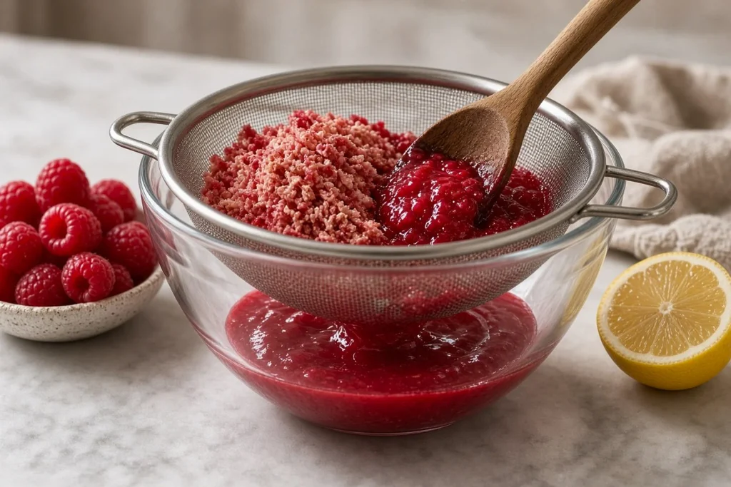 Sieving raspberry purée to make a smooth coulis