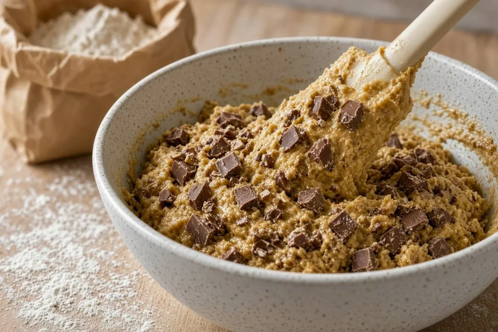 mixing-brown-butter-cookie-dough Folding milk chocolate chunks into brown butter cookie dough
