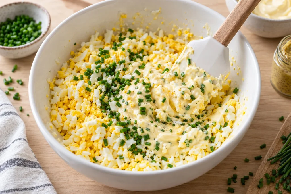 mixing-creamy-egg-filling 5 Folding creamy dressing and chives into grated eggs