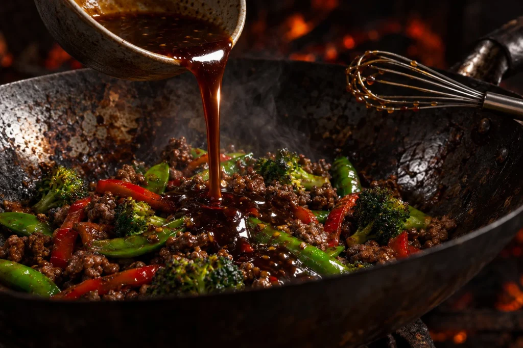 pouring-stir-fry-sauce-into-wok 5 Pouring glossy sauce over beef and vegetables in a wok