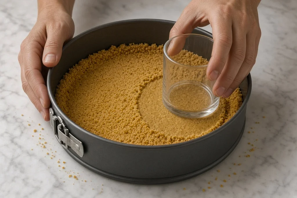 Pressing graham cracker crust into a springform tin