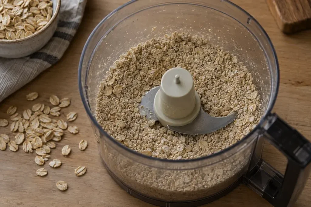 Rolled oats pulsed into a coarse meal in a food processor