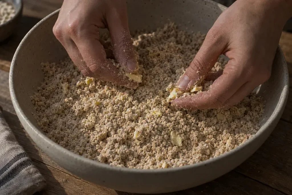 Rubbing cold butter into wholewheat flour until it looks like breadcrumbs