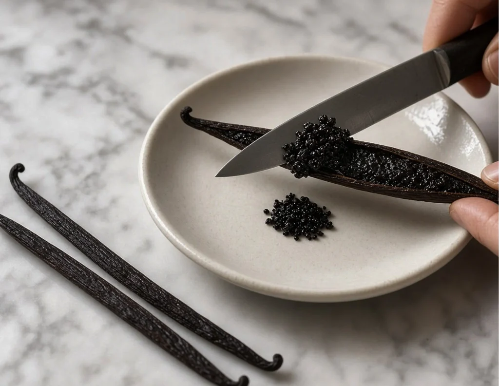 Scraping seeds from a split vanilla bean