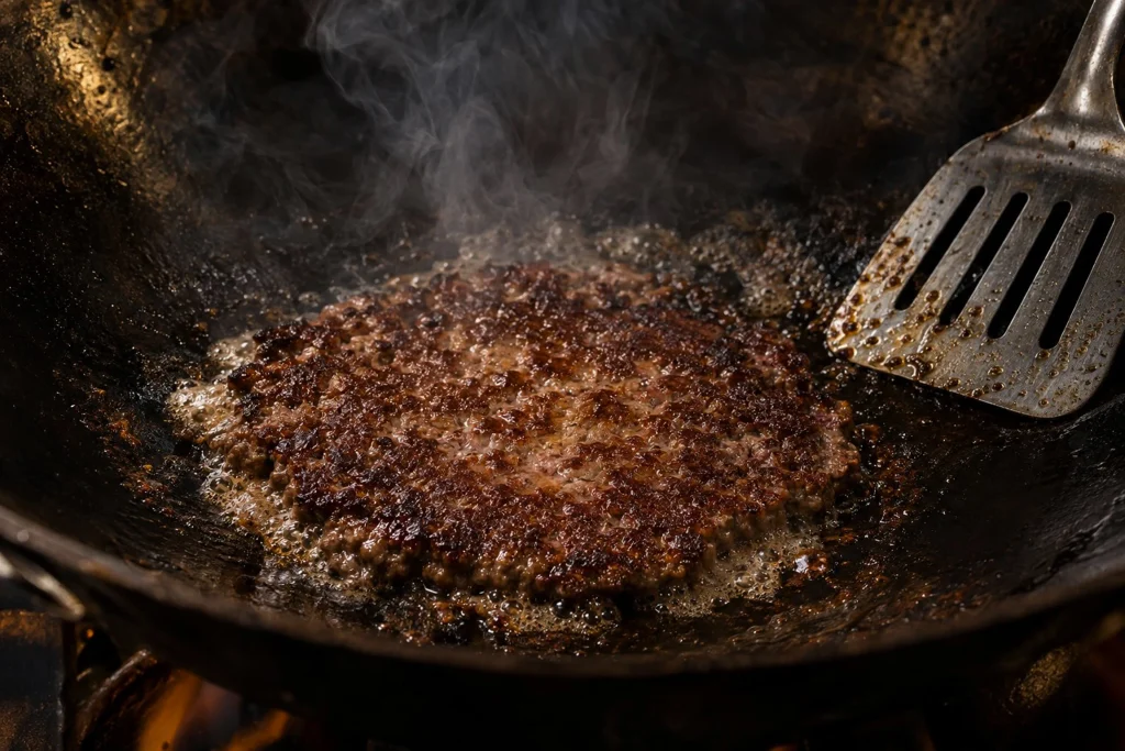 searing-ground-beef-in-wok 2 Ground beef searing in a hot wok to form a dark crust