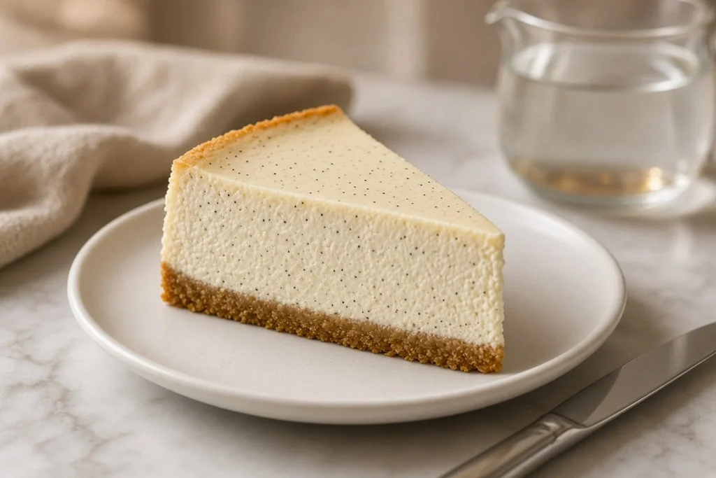 Clean slice of vanilla bean cheesecake showing the creamy filling and crust